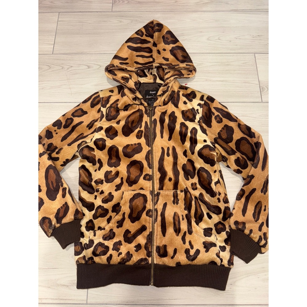 Dennis by Dennis Basso Leopard Faux Fur Zip Up Hoodie Jacket XS Animal Print
